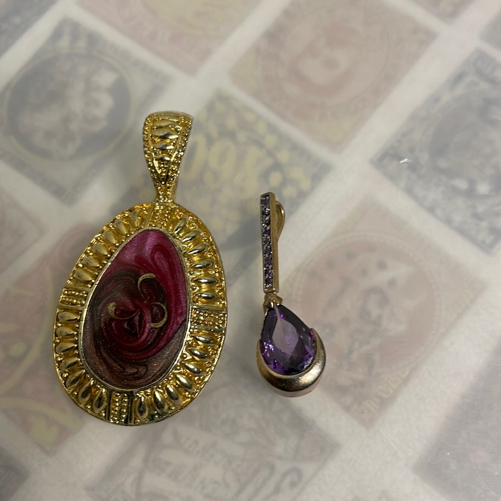 2 necklace charm pendant purple and gold